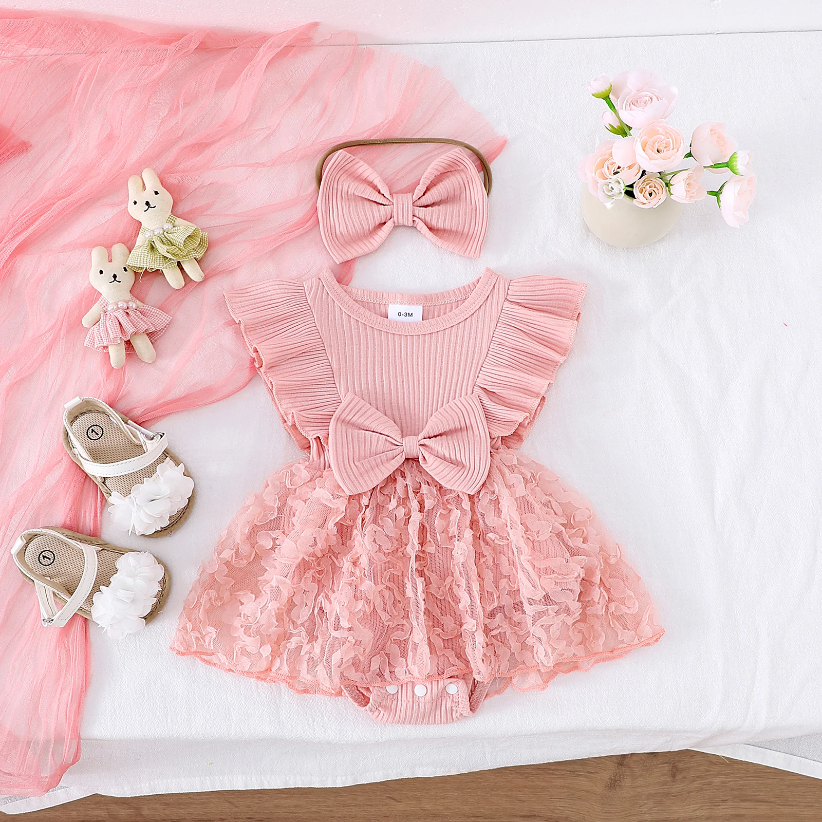 

2PCS Summer New Style Girl Baby 0-1 Years Old Sweet And Lovely Pink Mesh Dress
