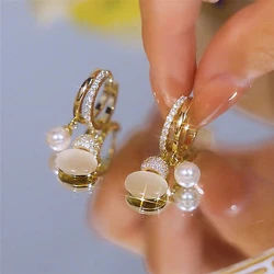 Elegant Delicate Micro Paved Zircon Opal Pearl Pendant Gold Color Earrings for Women Unique Design Sweet Romantic Jewelry Gifts