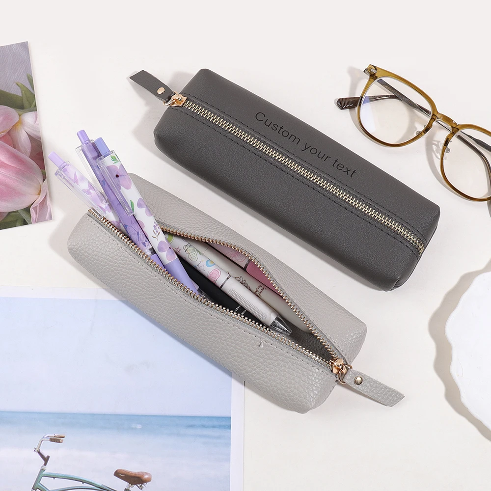 

Custom Text Pencil Case Personalized Name Pencil Pouch PU Leather School Supplies Laser Engraving Customized Text Pencil Bag
