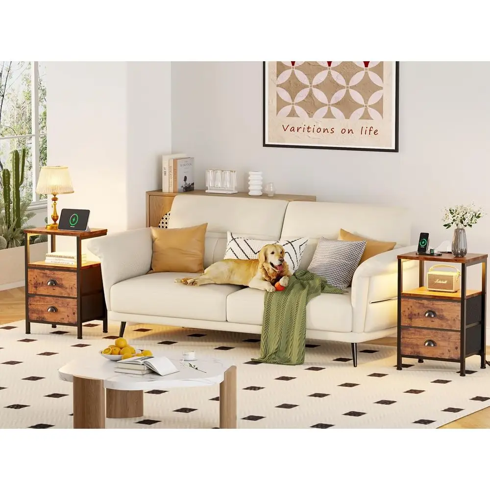 زوج من طاولات النوم البنية الريفية مع محطات شحن، وأضواء LED، وأدراج قماشية وأرفف لغرفة النوم/غرفة المعيشة #2