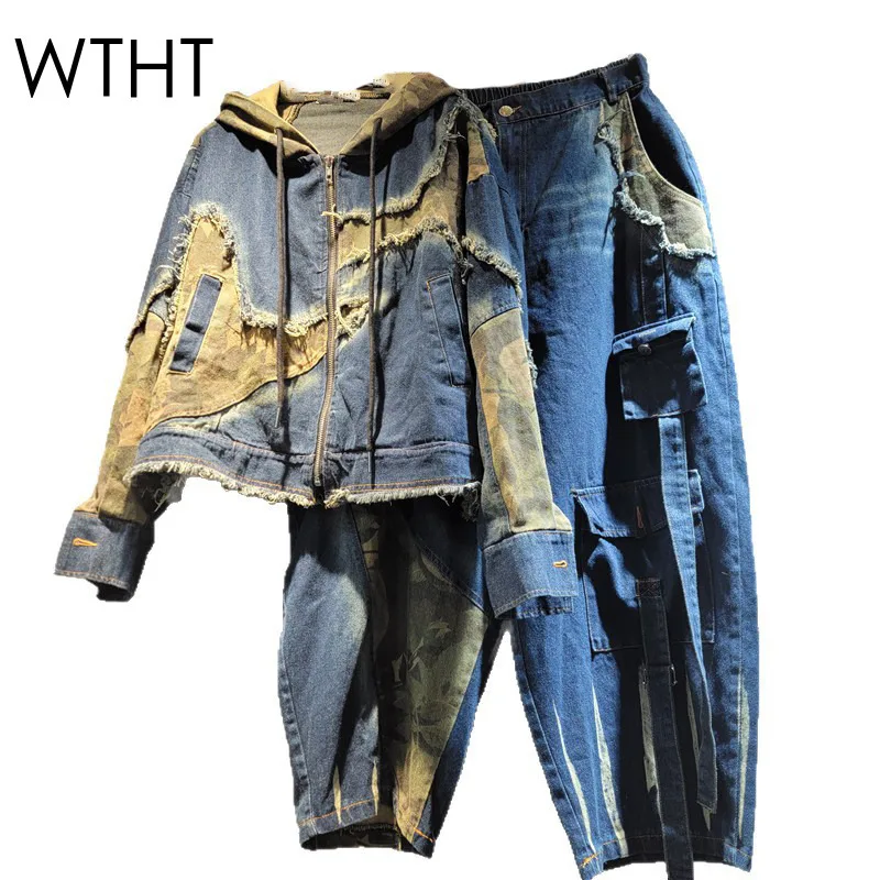 

WTHT модная женская лоскутная джинсовая куртка контрастного цвета с капюшоном, эластичные свободные джинсы-шаровары, женские осень 2021, 1LS2627