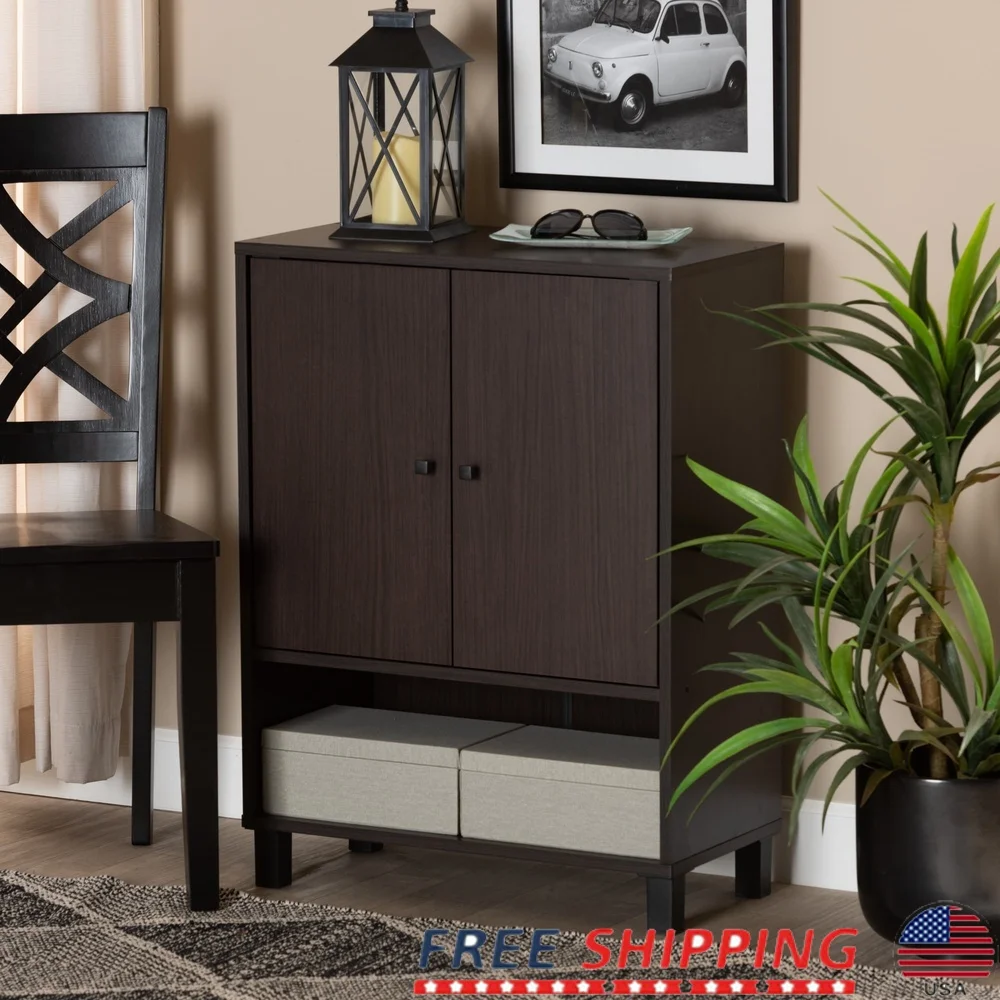 

Contemporary Shoe Storage Cabinet with Two Doors Indoor Air Circulation Durable Wood Finish Eight Pairs of Shoes