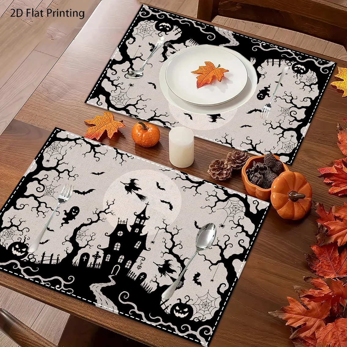/ Black and White Silhouette Haunted House Witch Halloween Placemat Set Dark Illustration Style Table Decoration Suitable for