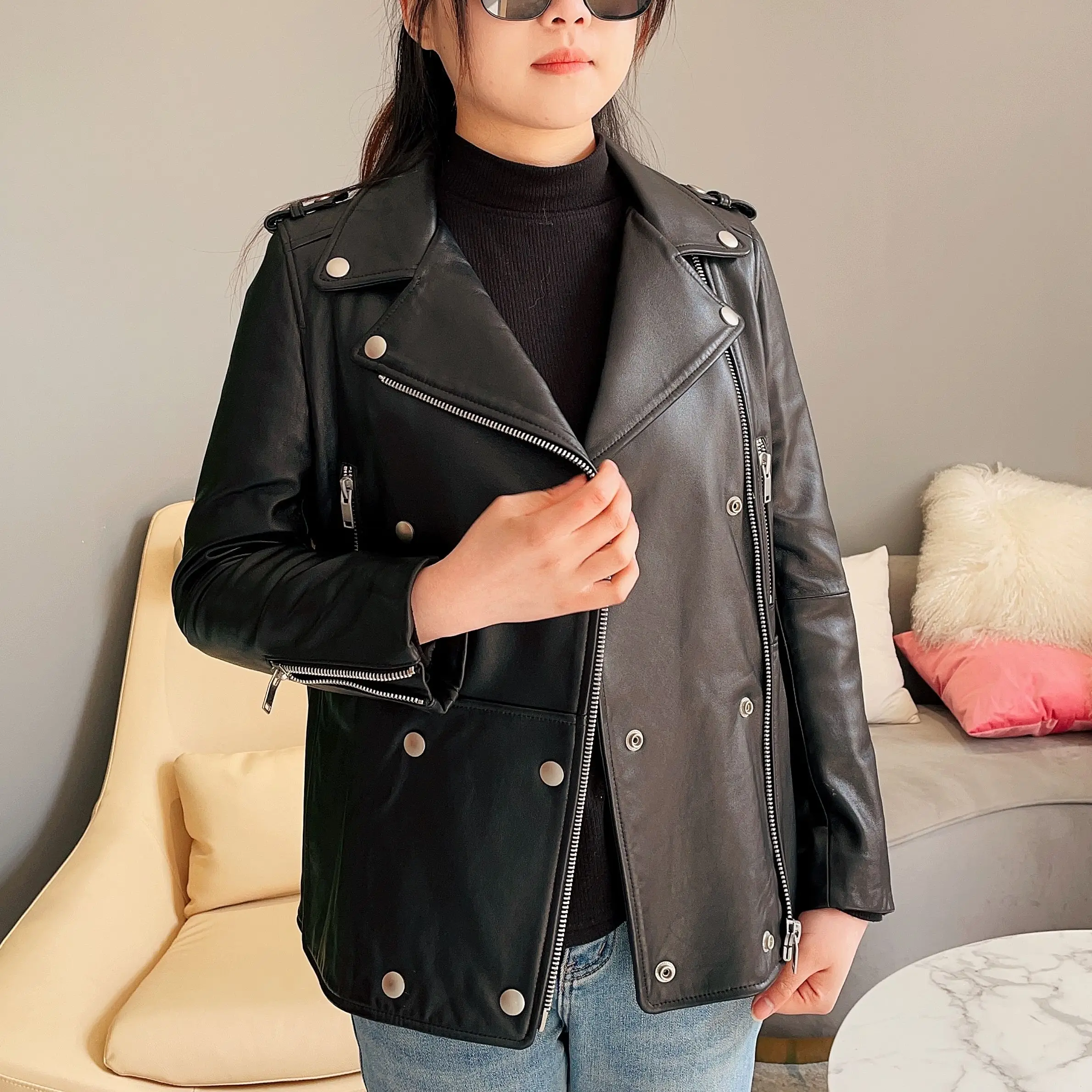 

JANEFUR Black Leather Jacket Women 2023 Fashion Slim Real Sheepskin Coat with Belt Moto Biker Fall Winter Outerwears