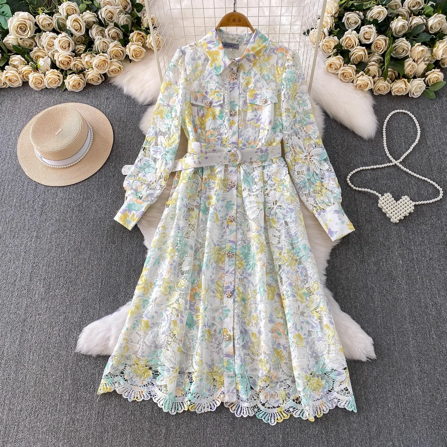 Robe de soirée de luxe brodée pour femmes, printemps-automne, Crochet, dentelle ajourée, mi-longue, chemise, boutons perlés, robes de bal