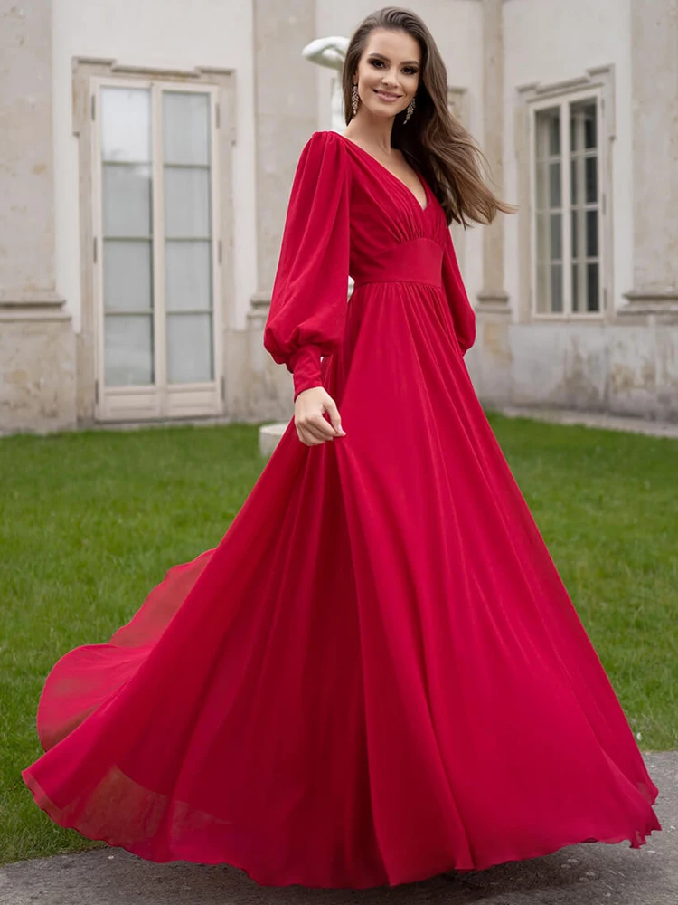 Spring Summer Red Chiffon Long Sleeve Casual Women Luxury Korean Fashion Clothing Party Midi Dress 2024 Elegant Bodycon Dresses