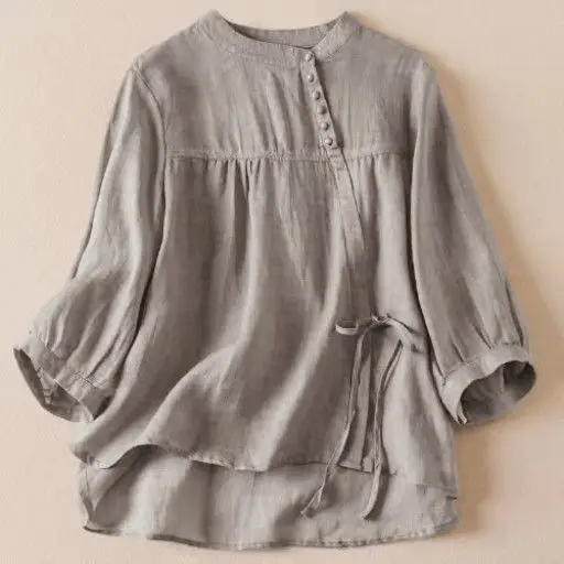 

Women Summer New Arrival Retro Casual Loose Solid Color Belted Shirt