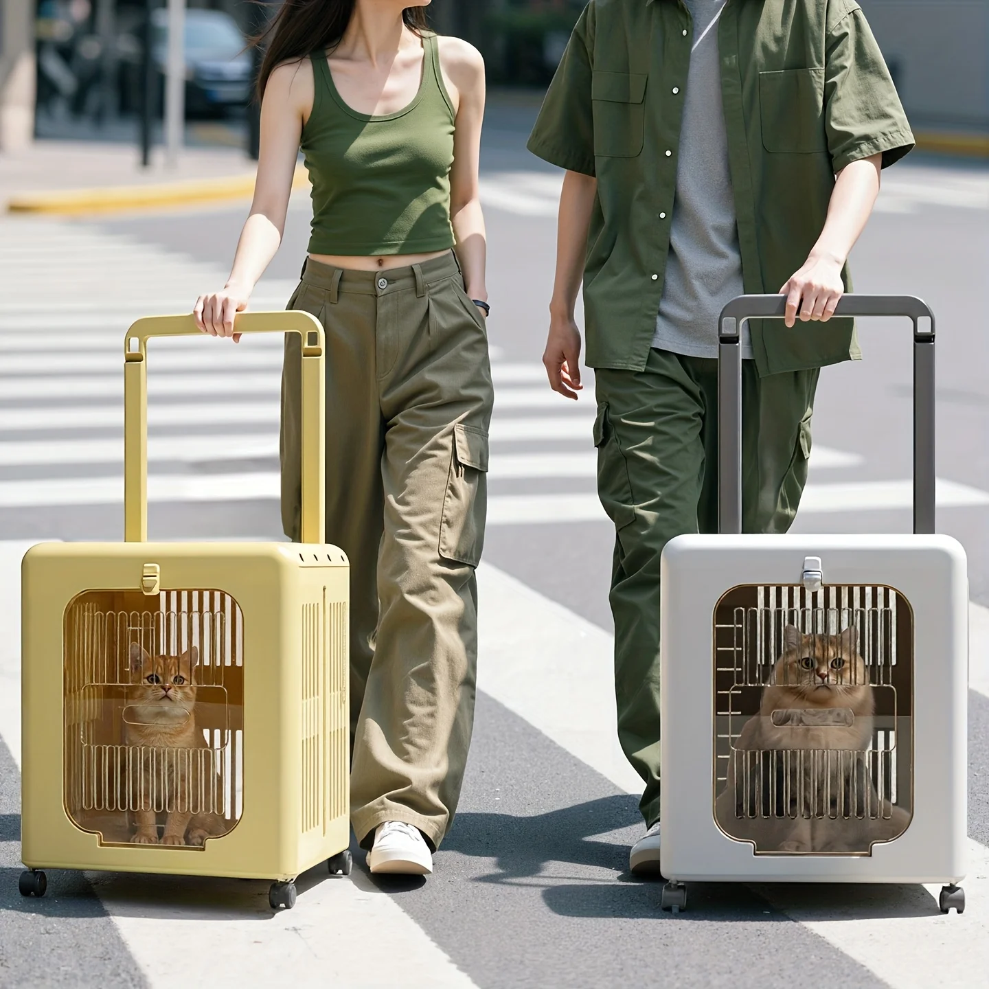 

Foldable, Portable, Ventilated and Padded Wheeled Cart - Foldable Cat and Small Dog Airline Crate for Planes, Cars, and Travel