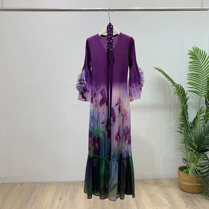 

Elegant and Fashionable High-quality Chic French and European-inspired Fashion Pleated Retro Print Dress