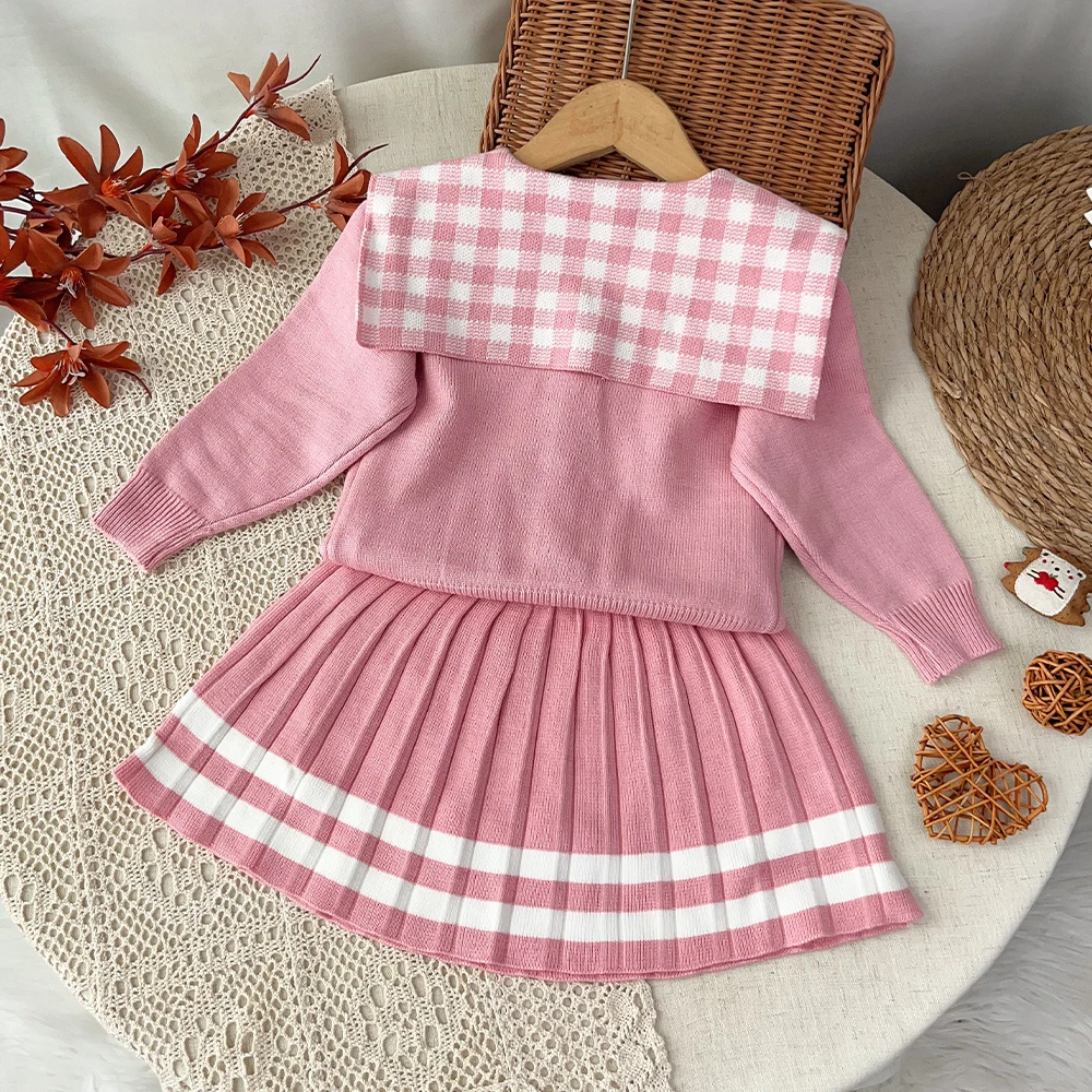 Autumn and Winter New Cute Baby Girl Clothing Knitted Children's Set Long Sleeved Lapel Plaid Printed Cardigan + Pleated Skirt