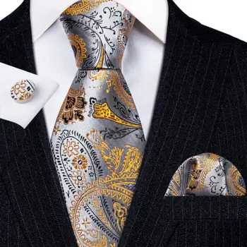 남성용 디자이너 실크 넥타이, 골드 실버 페이즐리 넥타이, 포켓 스퀘어 커프스 단추 세트, 결혼 선물, 우아한 코바타스 배리, 왕 6235