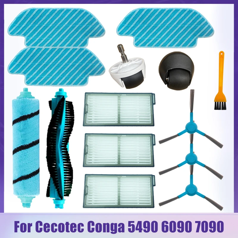 For Cecotec Conga 5490 6090 7090 Robotic Vacuum Cleaner Side/Soft Roller Brush Hepa Filter Mop Cloth Wheels Parts Replacement