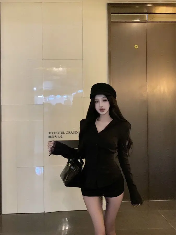 Backless Lace Youthful Fashion Black Long Sleeve Shirt Women V Neck Patchwork Elegant Basic Blouse Lady Office Casual White Top