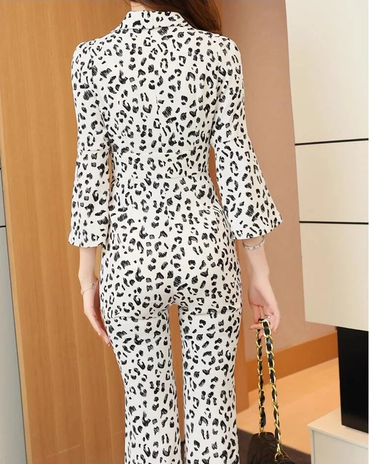 new spring autumn office lady fashion casual brand female women girls Leopard flare jumpsuits