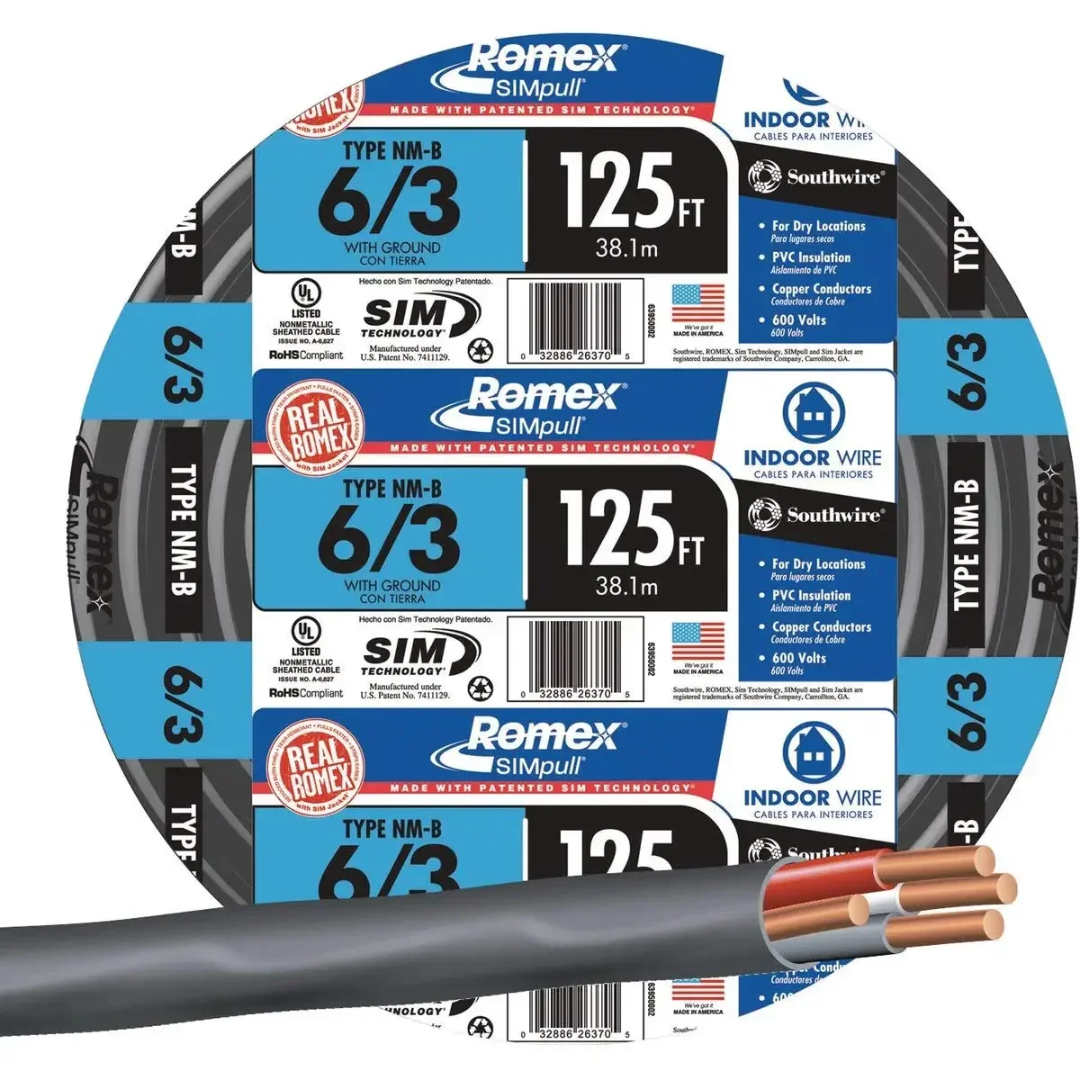 home.63950002 125ft. 6 Gauge 3 Conductor Nonmetallic Sheathed Type NM-B Cable, Black