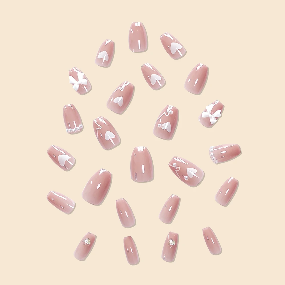 24Pcs/Set Women Girls Medium Coffin Shaped French Heart Printing White Bow Pearl Decoration Wearable Fake Nail Press on Nail Art