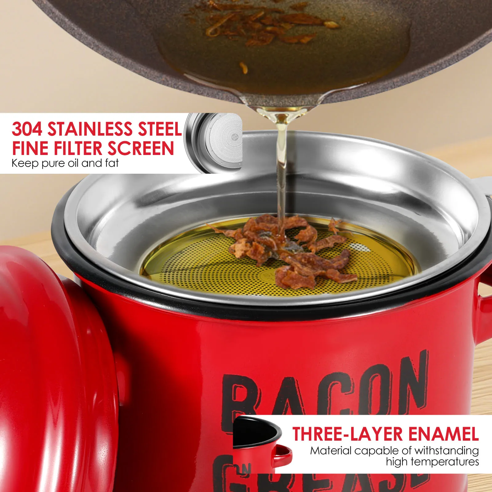 46oz Bacon Grease Container Kitchen Oil Container Can w/ Strainer and Spatula for Store Meat Frying Oil Cooking Grease Storage