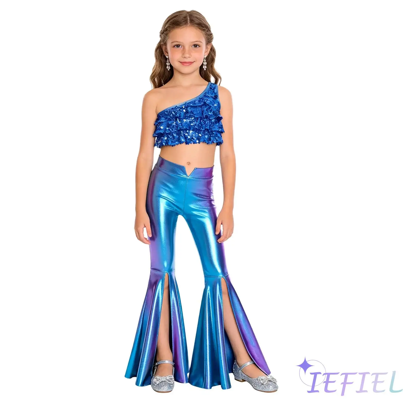 

Kids Girls Jazz Dance Outfit Princess Pageant Outfit One Shoulder Sleeveless Crop Top with Split Bell Bottom Metallic Pants