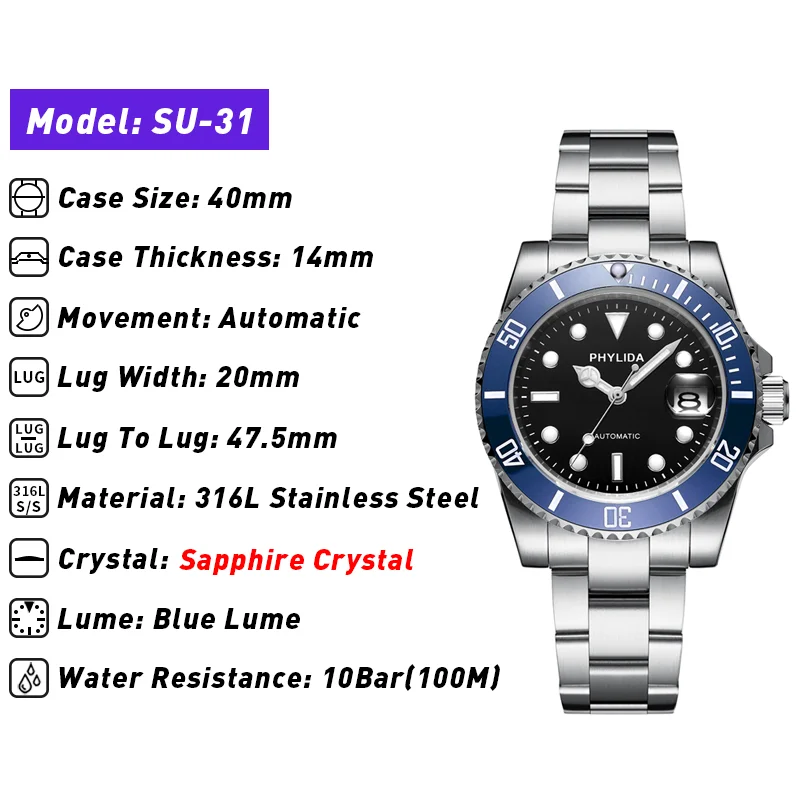 PHYLIDA Blue SUB 10Bar 40mm Men\'s Black Dial Diver Watch Automatic MIYOTA Movement Sapphire Crystal Stainless Steel Lume Bezel