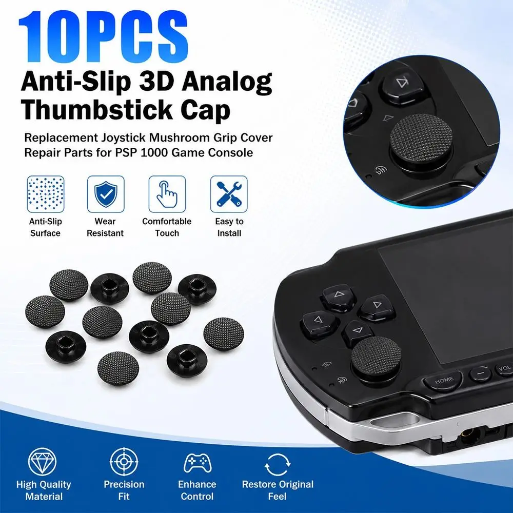 10PCS Plastic Joystick Caps Textured Surface Black Analog Stick Caps Mushroom Shape Replacement for PSP 1000 Game Console