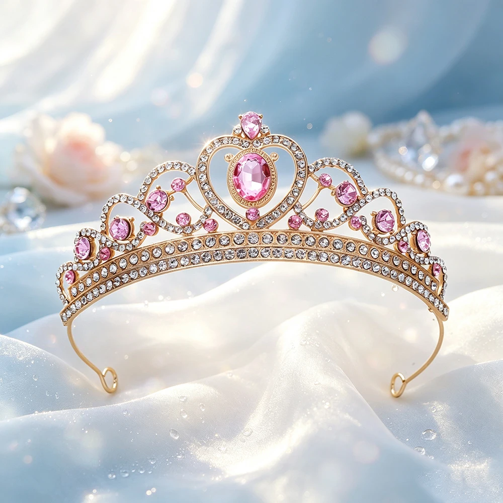 1pc Gold Tone Heart‑Shaped Tiara Crown Rhinestone Bridal Headpiece Elegant Pageant Prom Sweet Party Hair Jewelry Accessories view 3