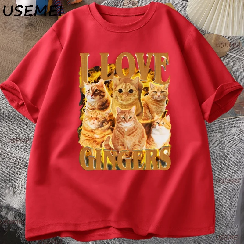 أنا أحب الزنجبيل تي شيرت مضحك البرتقال القط المحملة ريترو Y2K للجنسين تي شيرت عادية القطن قصير الأكمام الجولة الرقبة التي شيرت الشارع الشهير