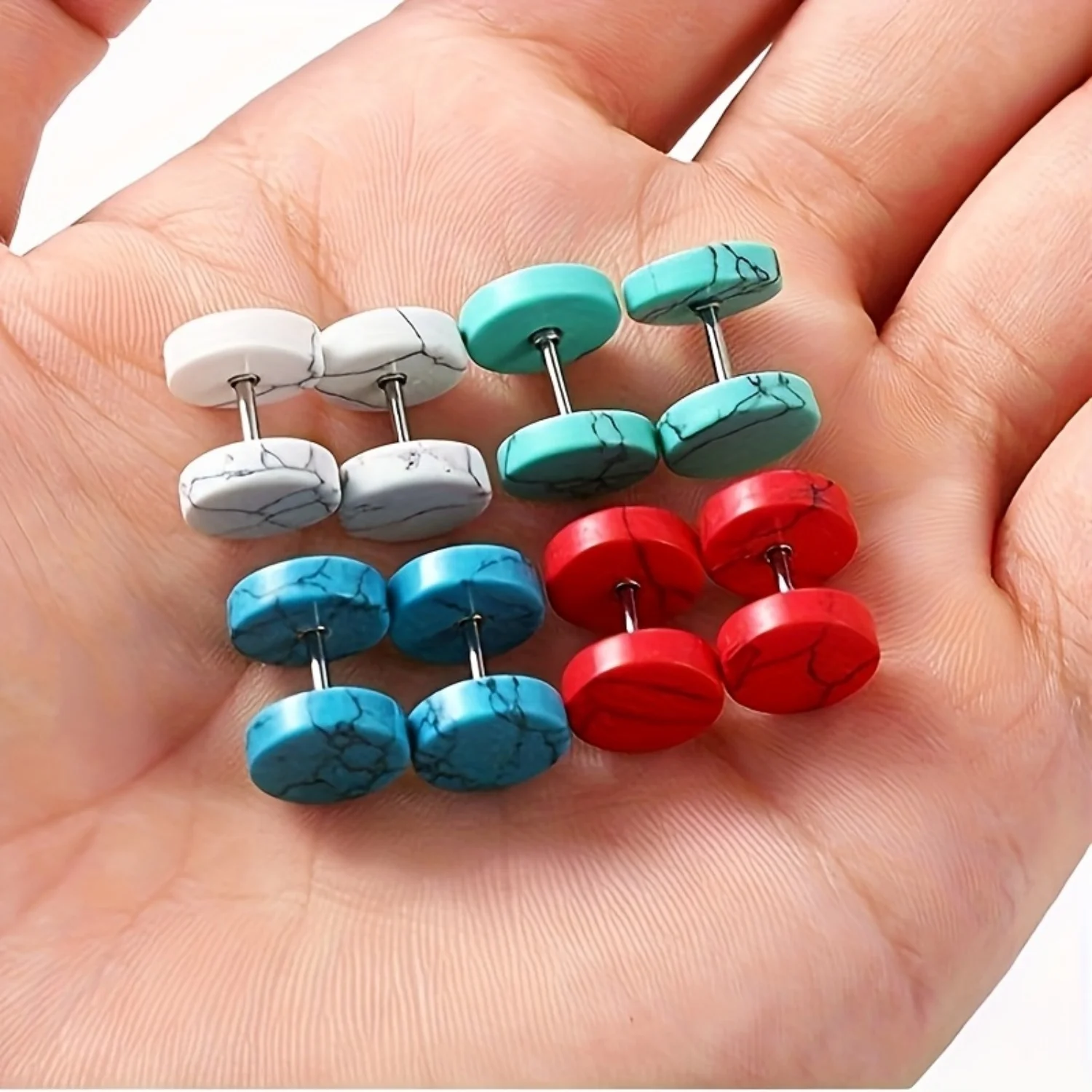 1 Pairs Synthetic Turquoise Stud Earrings Men Women 316L Stainless Steel Cheater Fake Ear Plugs Gauges Illusion Tunnel