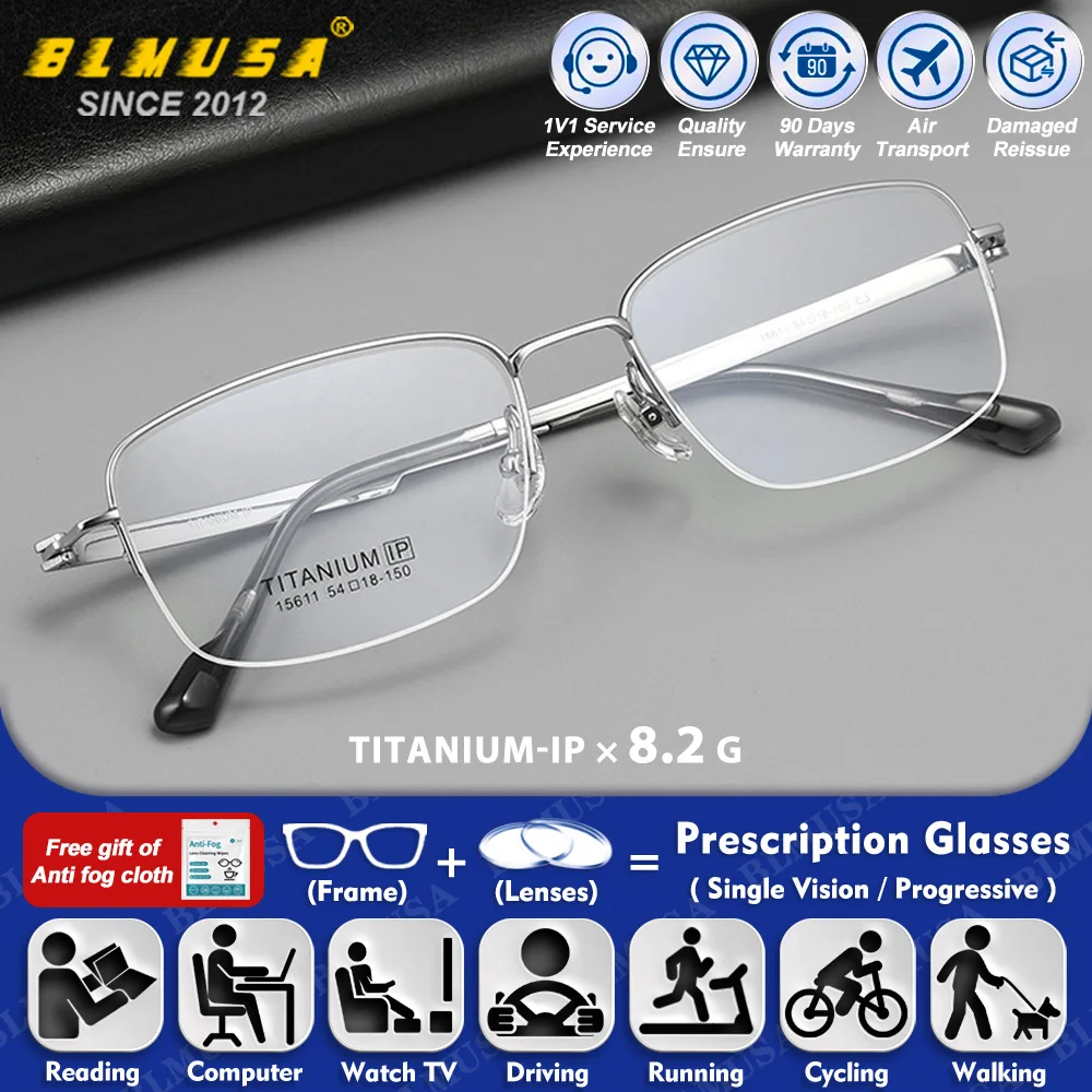 

BLMUSA (L) Business Ultralight Men Titanium Myopia Prescription Glasses Half-Frame Anti Blue Light Progressive Optical Eyeware