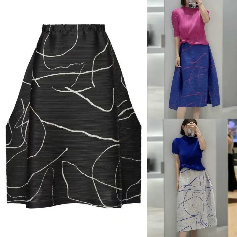 

Miyake Pleated Striped Half Skirt Women 2025 Fall New Line Printing Jupe Series Plisse Casual Fashion Versatile Pleat Skirt