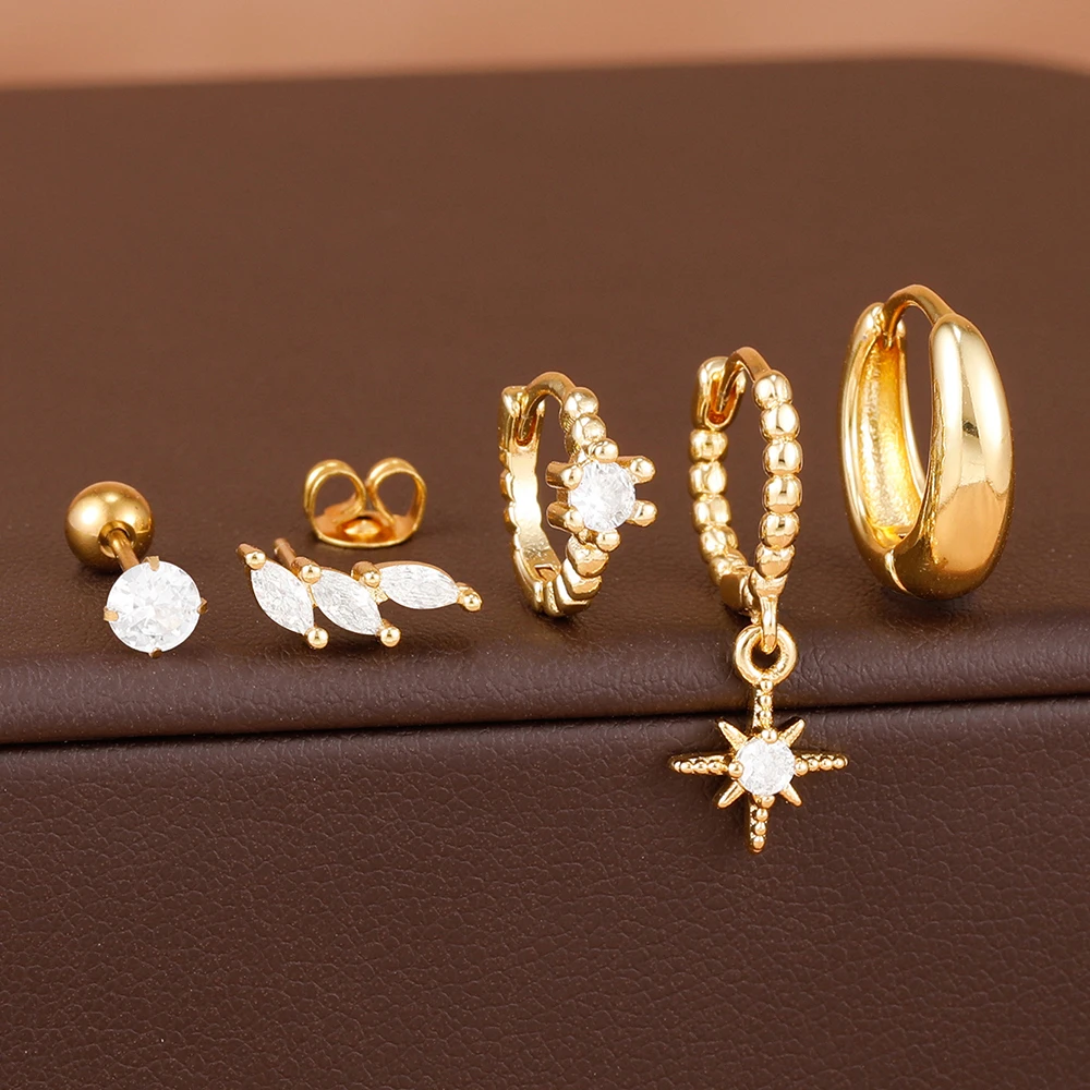 5pcs New Leaf Star Zircon Gold Plated Pendant Hoop Earrings Set For Women Stainless Steel Ear Stud Tragus Piercing Girl Jewelry