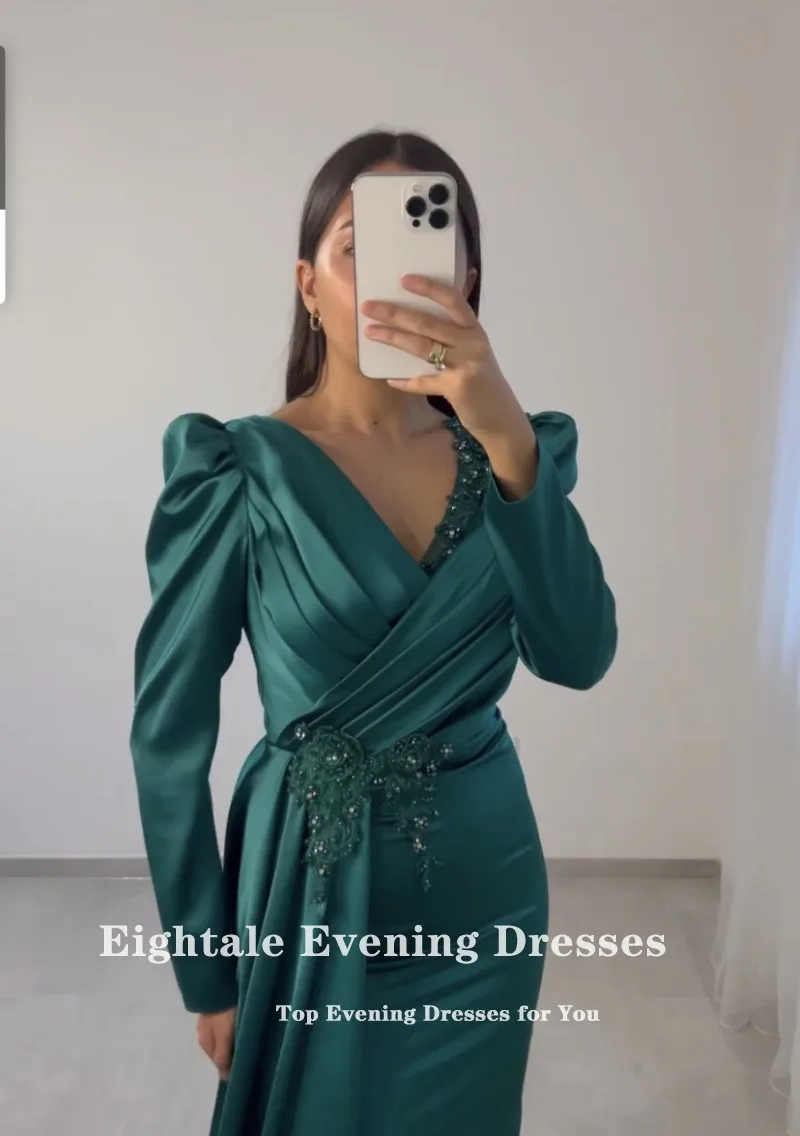 Eigtale-vestido de noche verde esmeralda para fiesta de boda, apliques de cuello en V, satén, sirena, Formal, para fiesta