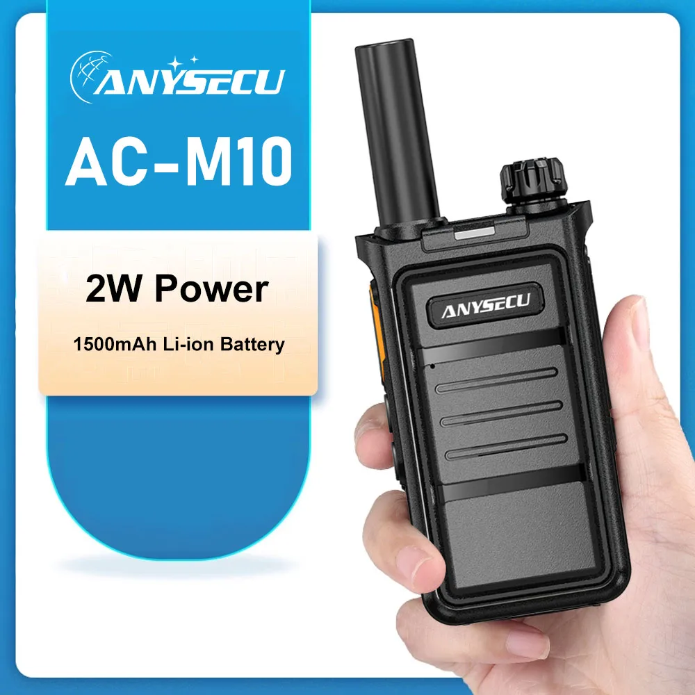Anysecu AC-M10 2W UHF 400-470MHZ 1500mAh 16CH rádio analógico profissional FM Tansceiver um clique 50 CTCSS walkie talkie