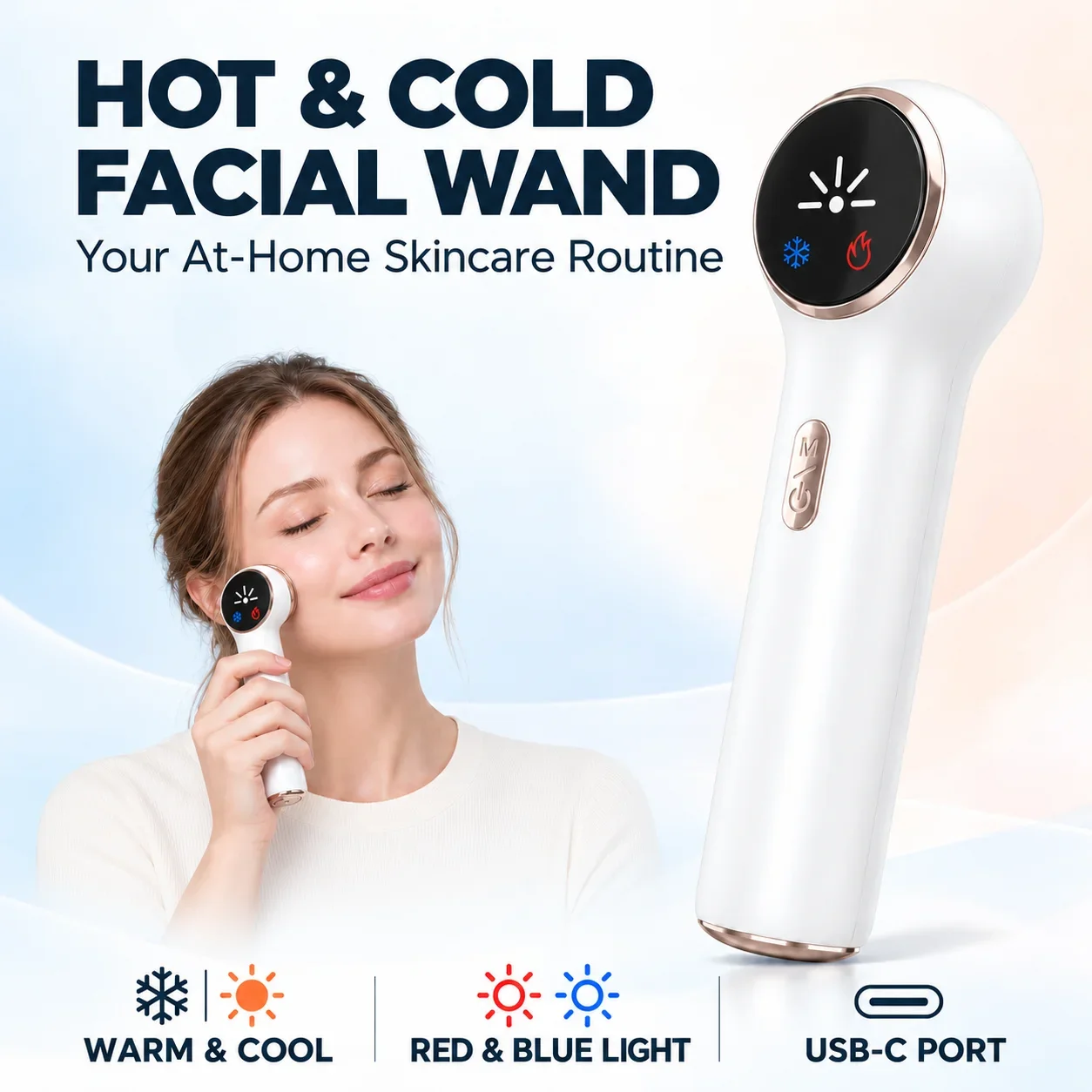 Hot and Cold Facial Massager Wand with Red and Blue Light USB-C Metal Head Skin Care Tool for Home Use