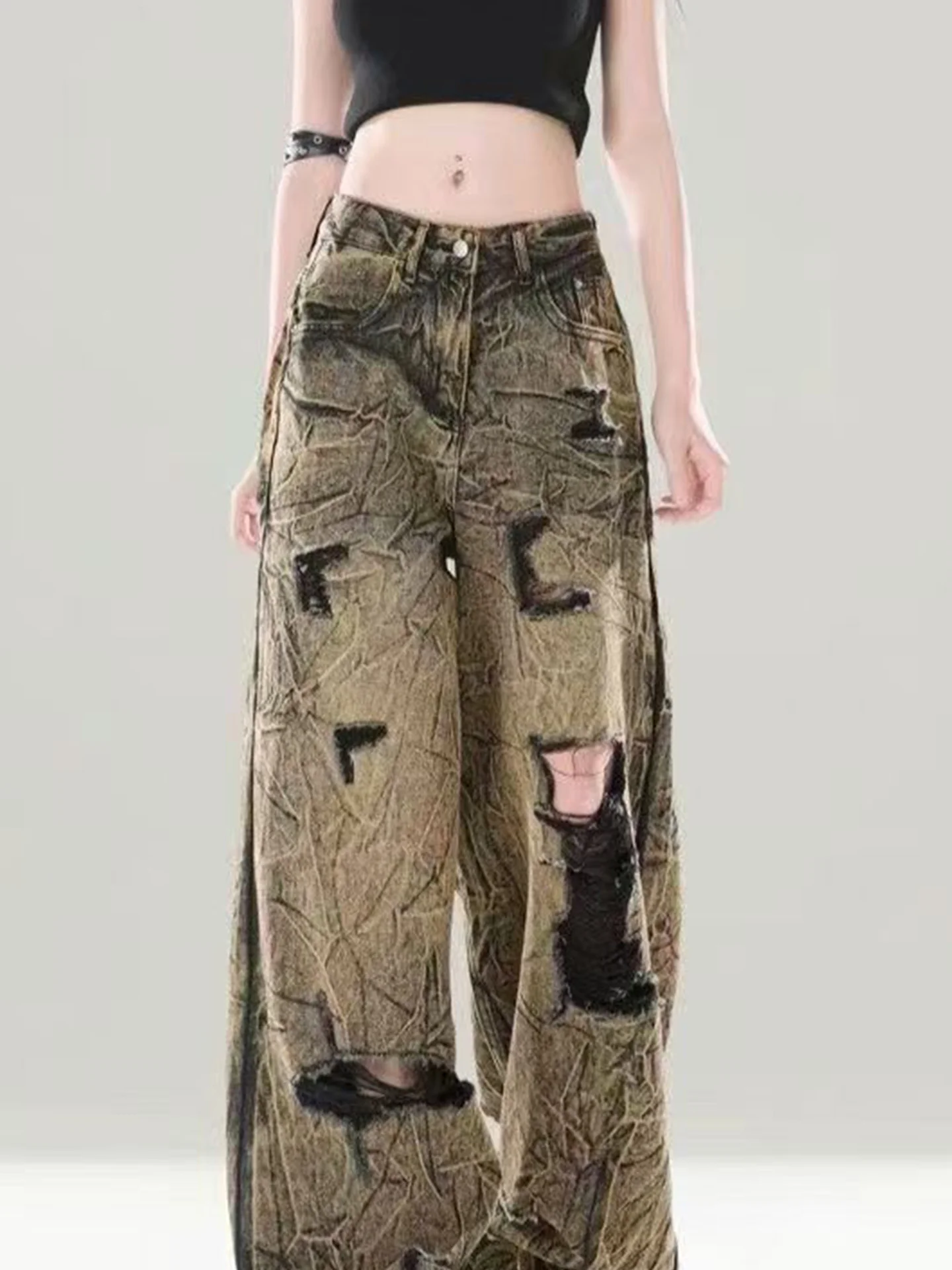 

Женские джинсы в стиле ретро с эффектом потертости, тай-дай, с дырками, прямые, свободные, в американском стиле, широкие брюки, с высокой талией