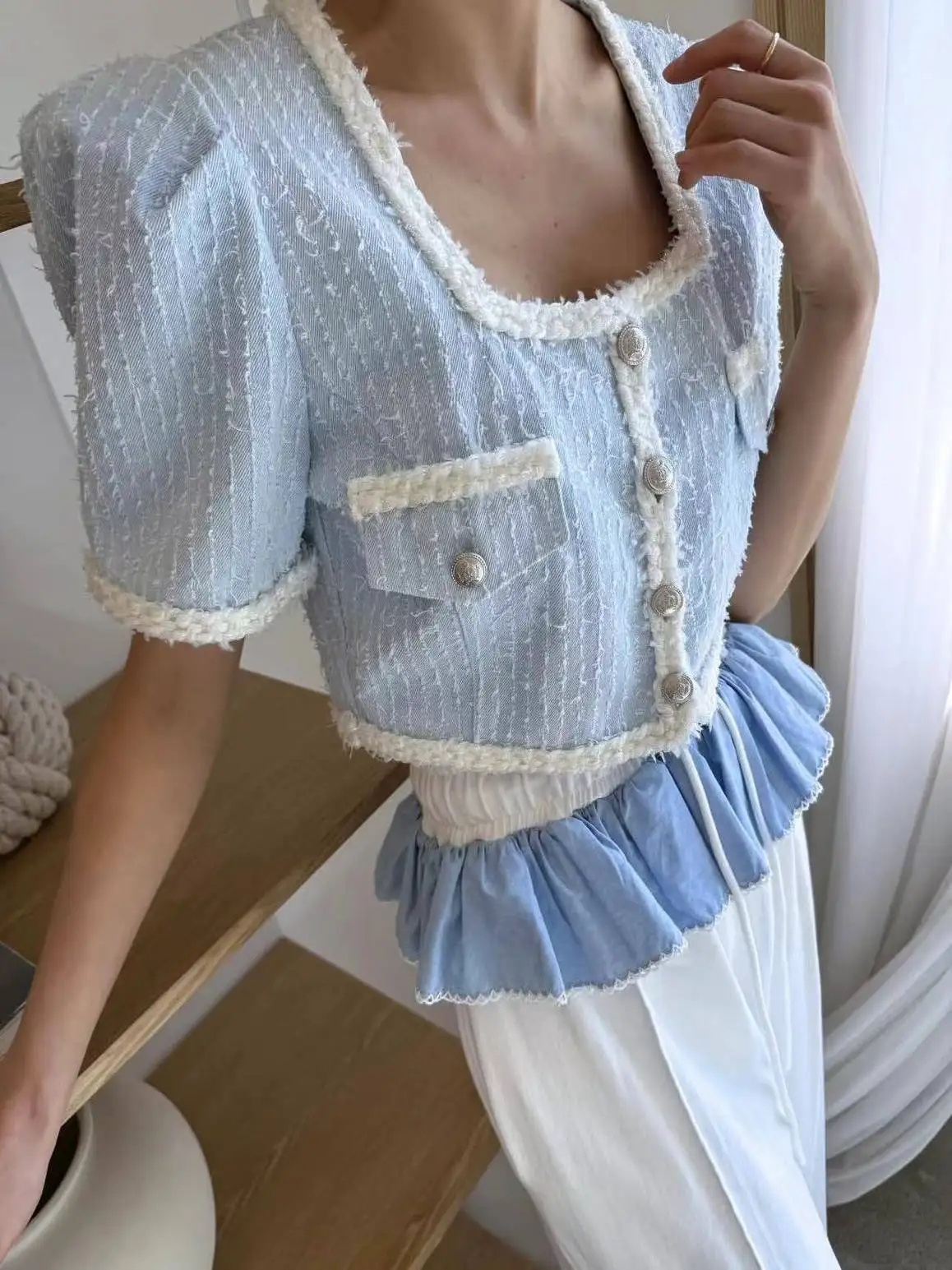 

Color Blo ort Suit Jaet Tweed Fabric Bubble Sve Women's Collar Button up Sweet Fraance Sle Polyester Material