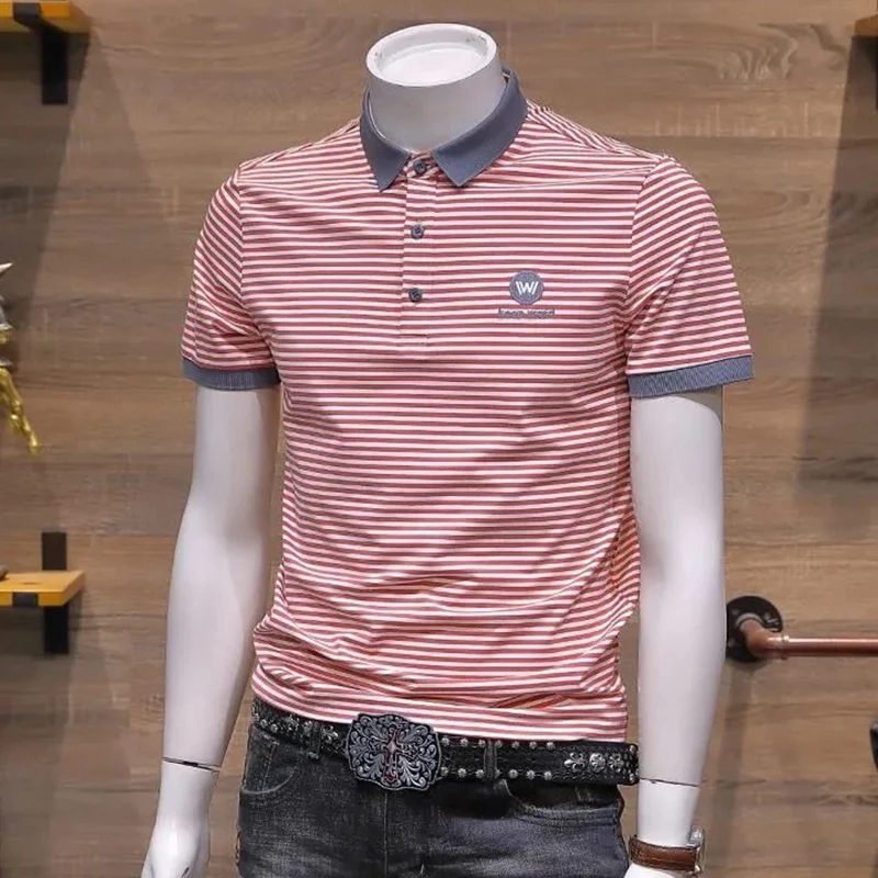 Men's Short Sleeve  Shirt Summer Thin Ice Silk High End Business Slim Fit Striped Premium Feeling Embroidery Half Sleeve ...