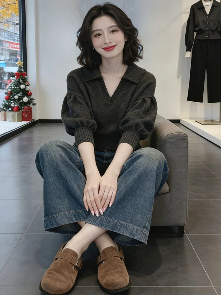 

Ele V-Ne Knitted Sweater Women's Outerwear Lazy Sle Autumn Winter Faion owersoft Small Fraance Wind Long Sve...