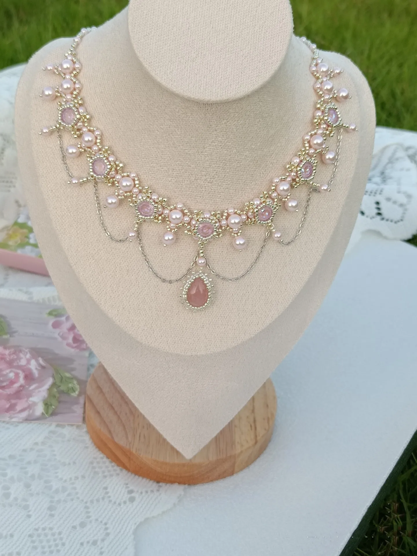 Women's vintage fringe lace dress necklace, pink diamond beaded pearl necklace free shipping