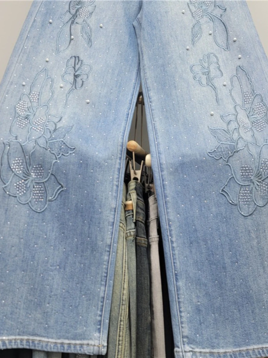 GALCAUR الصلبة تقسم التطريز السراويل الإناث عالية الخصر فضفاض المرقعة الخرز الشارع الشهير سراويل نسائية الخريف الاسلوب المناسب #4