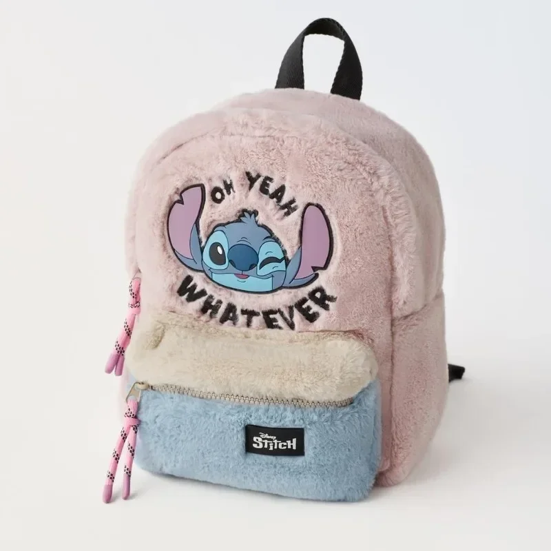 Disney Stitch Pelúcia Infantil Couro Genuíno Rosa Orelhas Grandes Alien Head Color Block Mochila