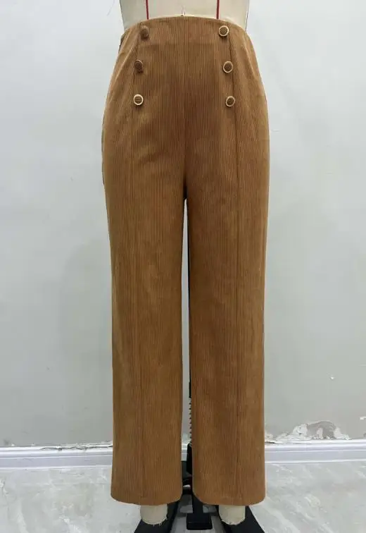 2025 Autumn/Winter New Women's Solid Color Corduroy High Waist Wide Leg Casual Pants with Pit Strips Button Straight Legs