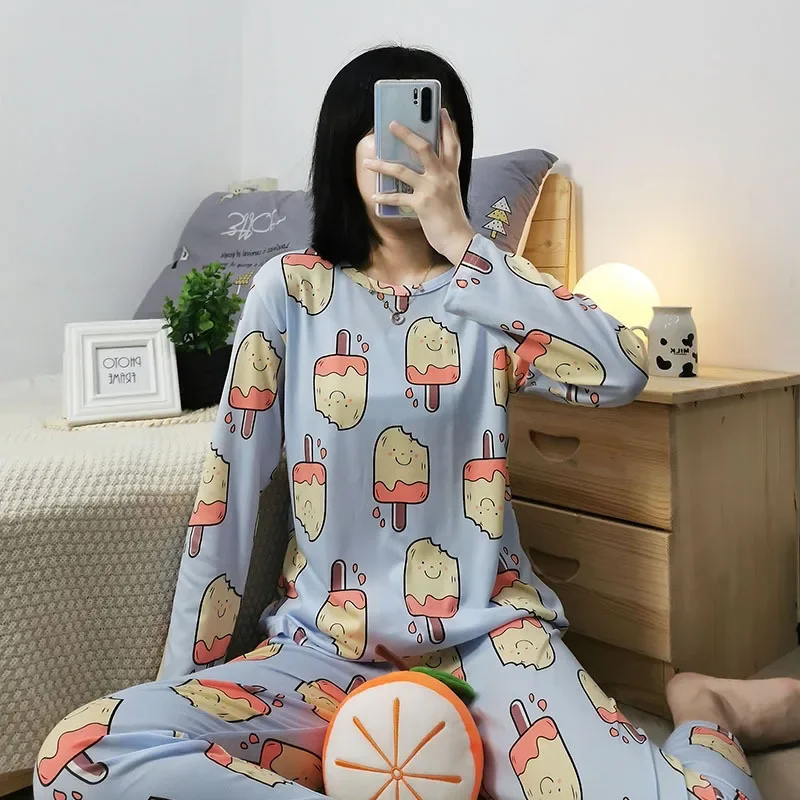 Spring pajamas new long-sleeved trousers pure cotton loungewear simple women's ice cream pajamas women's spring loungewear