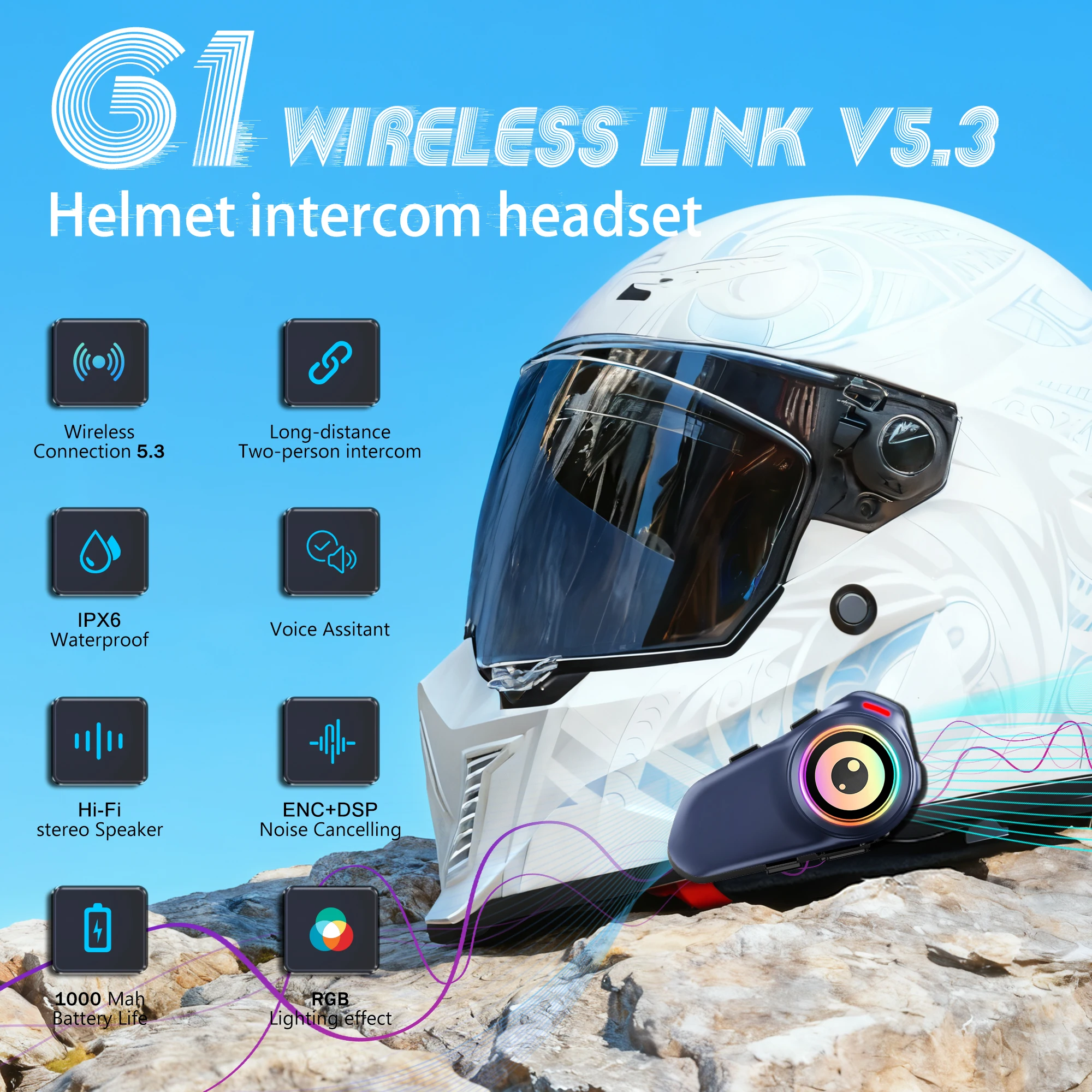 G1 Motorcycle Helmet Bluetooth Intercom 1000mAh Battery MP3 Player Waterproof 500M Range Music Share for 2 Rider