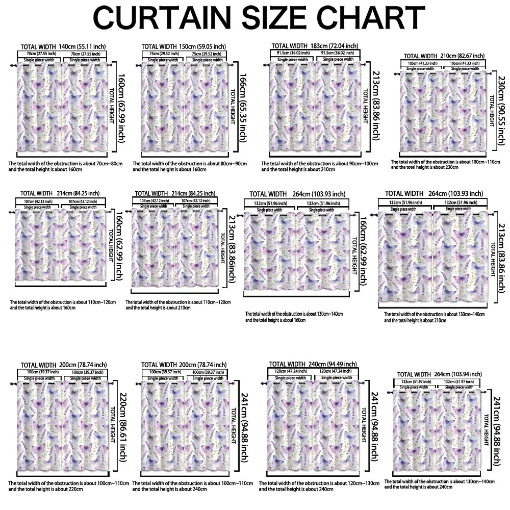 90-gram, two-piece printed curtain with a purple butterfly floral pattern (lavender) decoration, suitable for machine washing