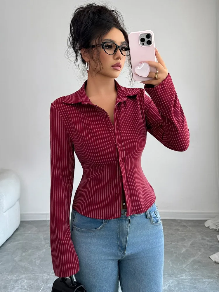 

New Autumn Winter Sexy Casual Striped Slim Long-sleeved Turn Down Collar Women's Shirt, Elegant Office Lady Classic Blouse Tops