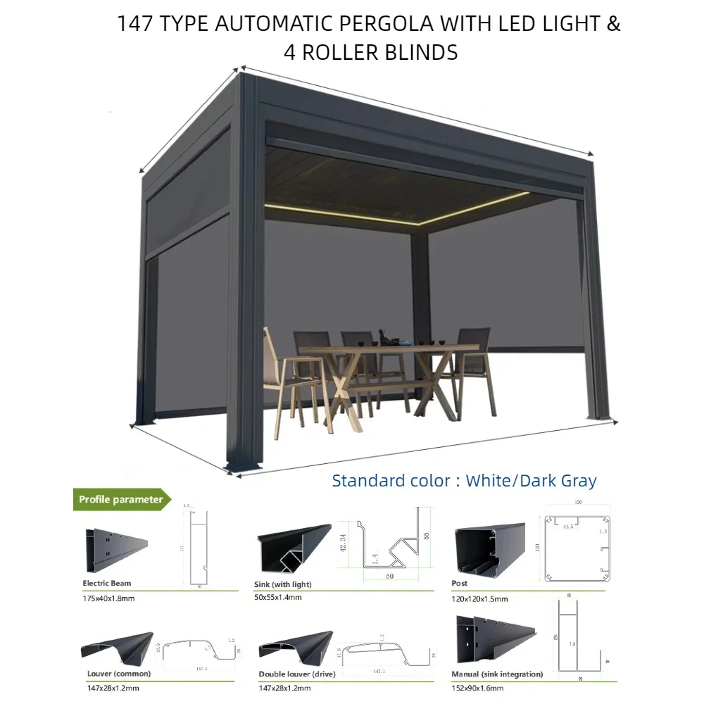 Bioclimatic Aluminum  Pergola 3x4m/10x13ft Automatic flip louvered roof with LED roller blinds Factory Customize swimming pool