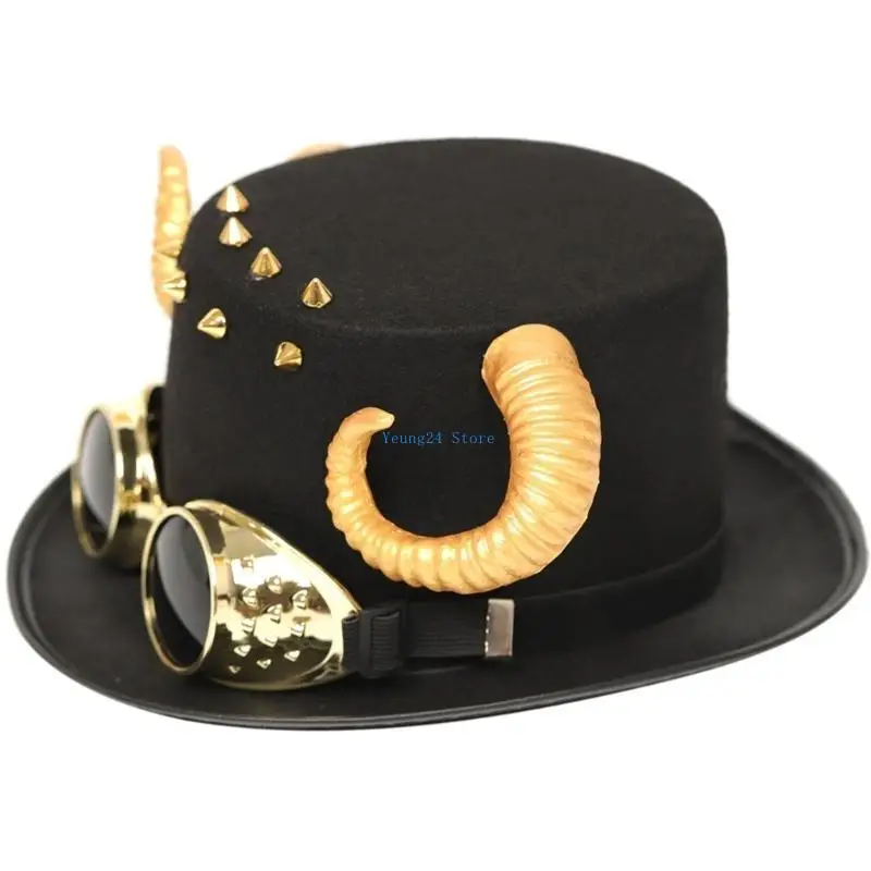 

P8DB Gothic Top Hat Brimmed Hat Punk Magician Hat with Goggles Adult Women Men Cosplay Costume Halloween Party Supply