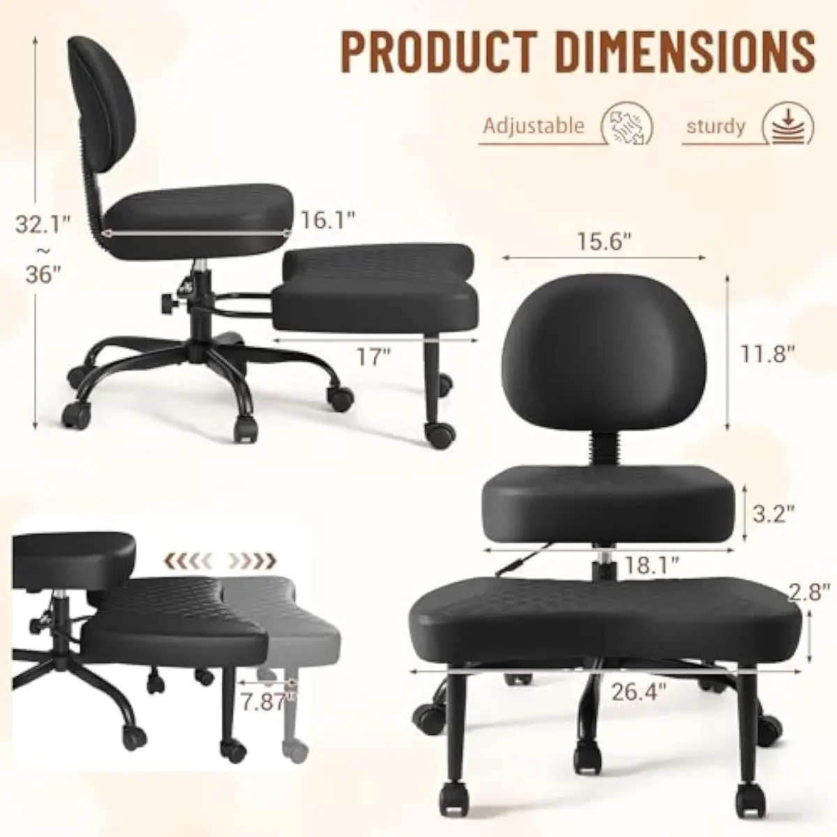 Ergonomic kneeling desk chair with 360-degree swivel base, height-adjustable mechanism, contoured lumbar support, breathable PU