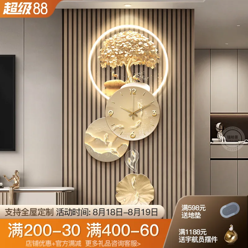 Light luxury living room TV background wall decoration clock and high-end sense corridor grille hanging painting money tree mura