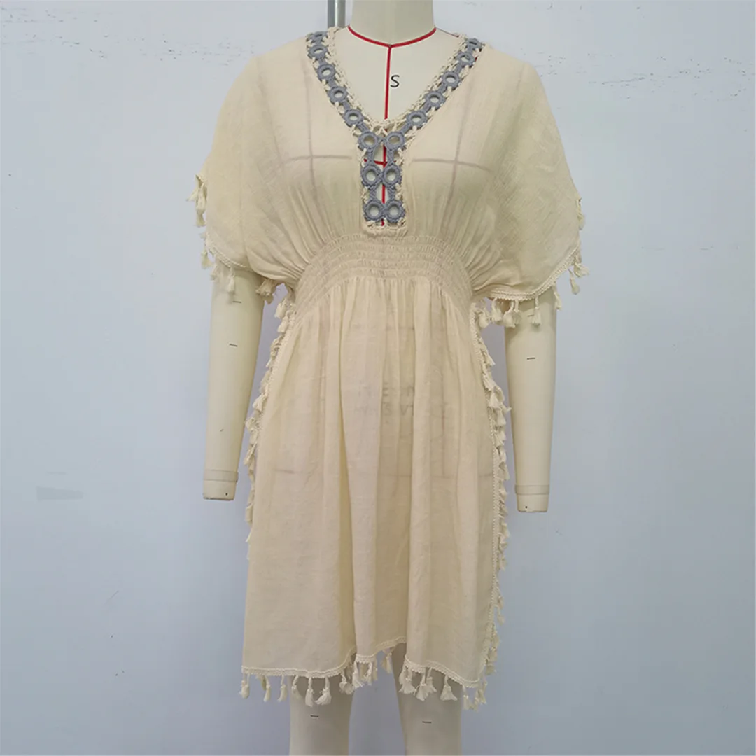 V-Ausschnitt, mit Fransen versehen, kurzärmelig, gehäkelt, gestrickt, Strandkleid, Tunika, Strandmode, Damen-Strandkleid, Strandüberwurf, Damen V6603 – Detail 9